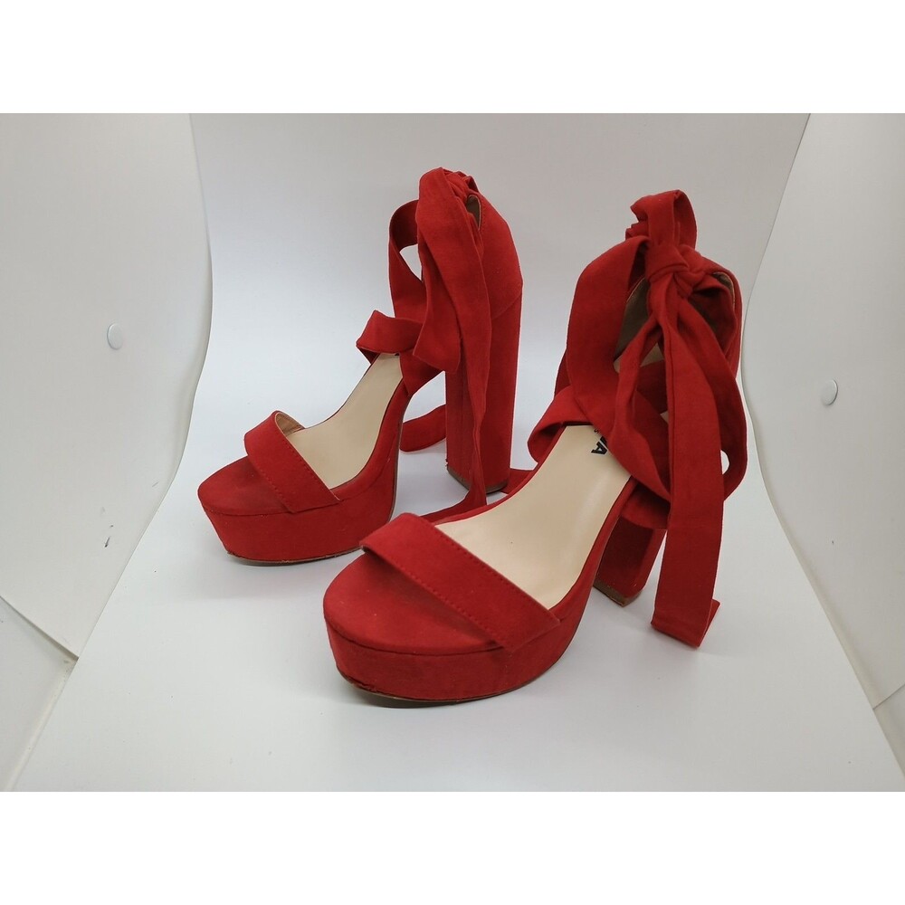 Fashion Nova Platform Sandals Womens Sz 6 Red 5" Block Heels Faux Suede Ties - Picture 3 of 8